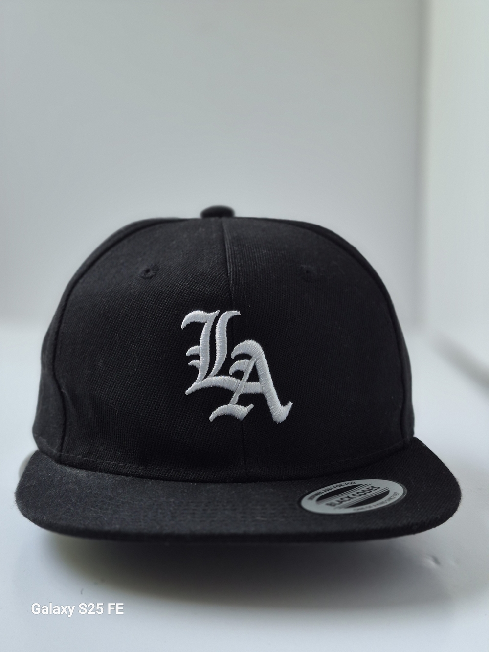 Flat-Bill Black Snapback Cap with White LA Embroidery